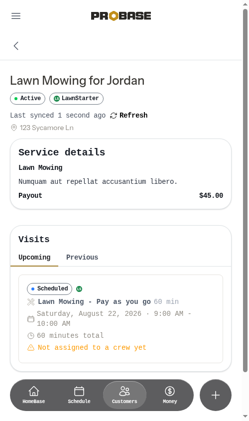 A locked LawnStarter service in ProBase