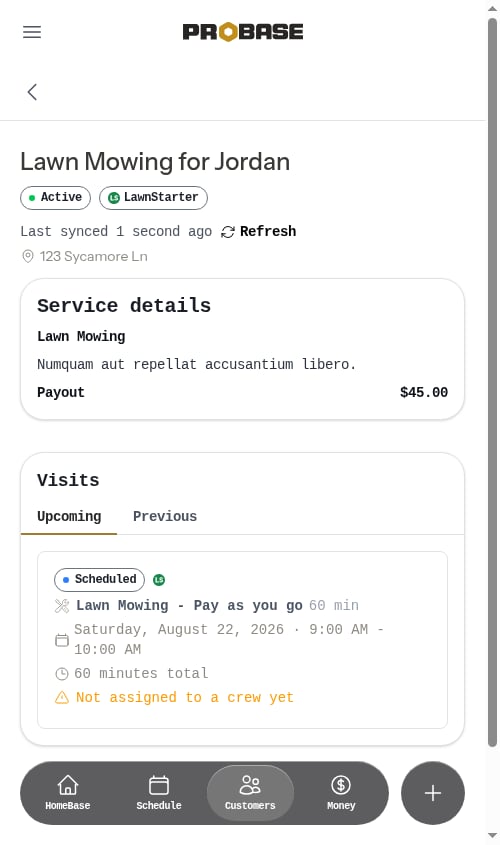 A locked LawnStarter service in ProBase