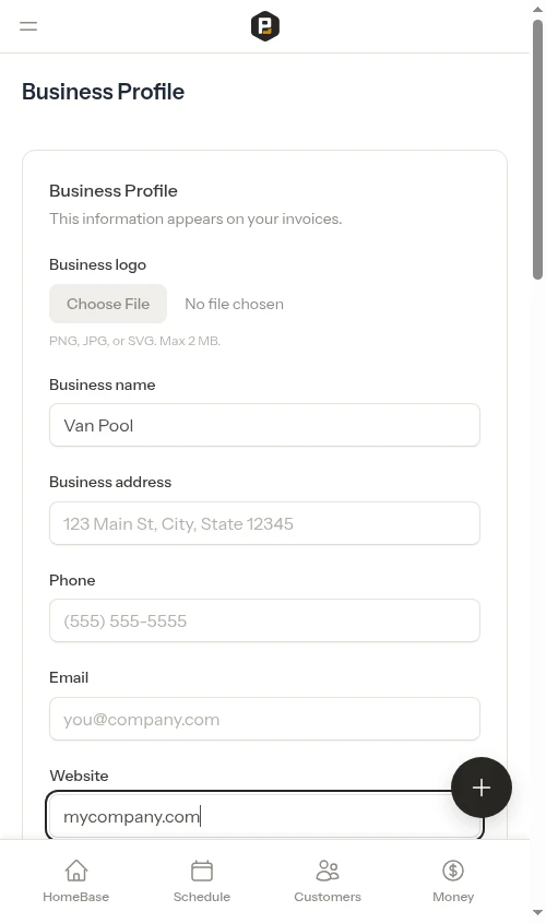 Bare domain typed into the website field