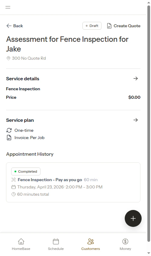 Assessment service page with Create Quote button