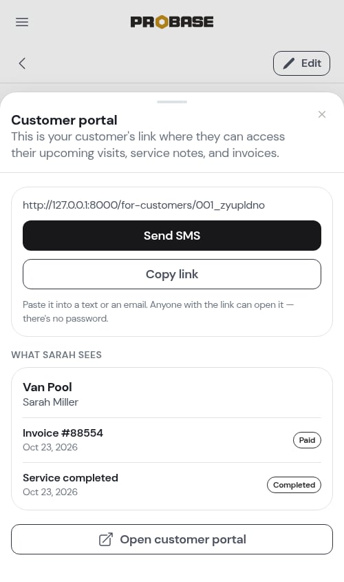 The Customer portal sheet with the link and preview