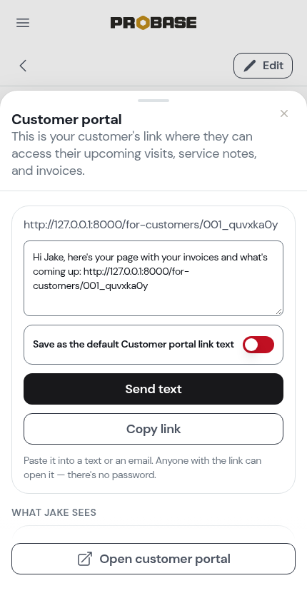 The Customer portal sheet with the editable text and Save as default switch