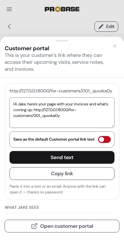 The Customer portal sheet with the editable text and Save as default switch