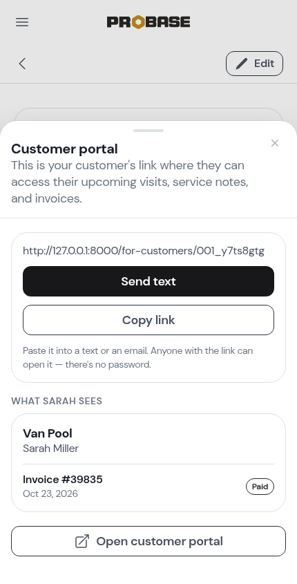 The Customer portal sheet with Send text