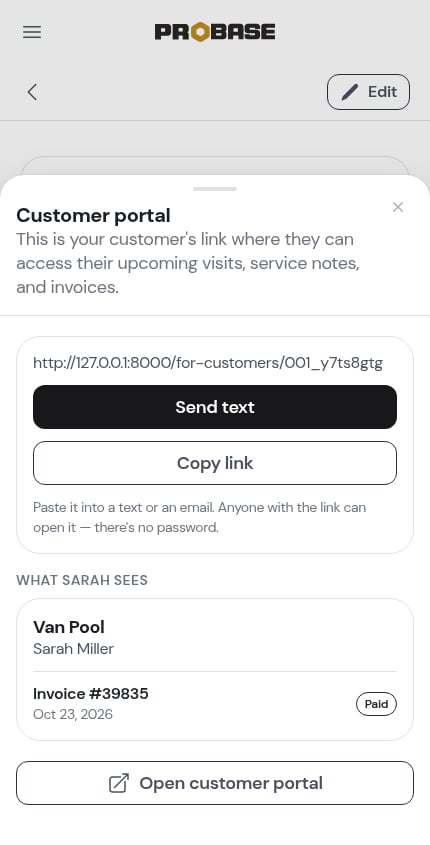 The Customer portal sheet with Send text