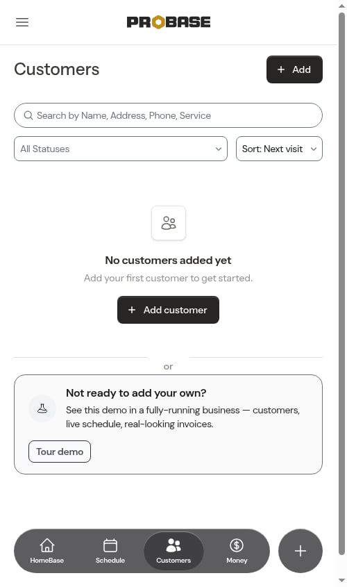 The Tour demo card under the empty Customers list