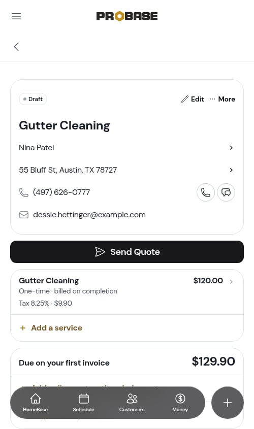 The services section on a quote