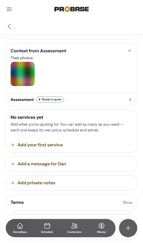 The photos the customer sent, on the quote's Context from Assessment card