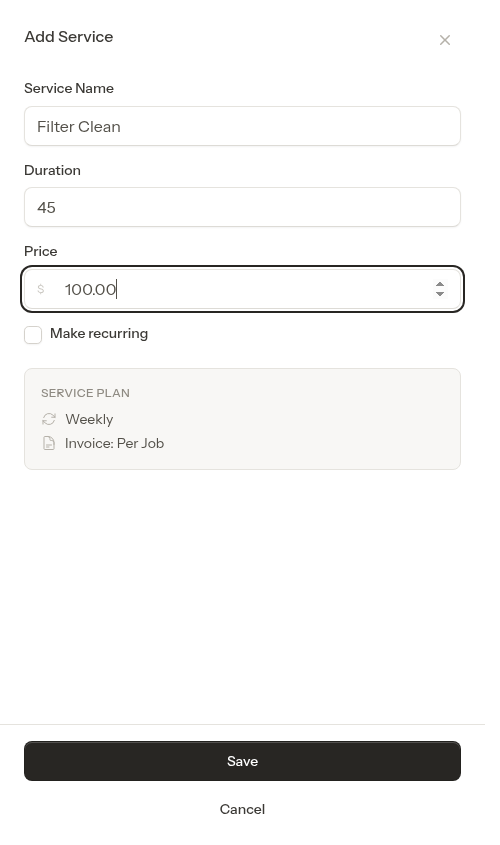 Service item form filled