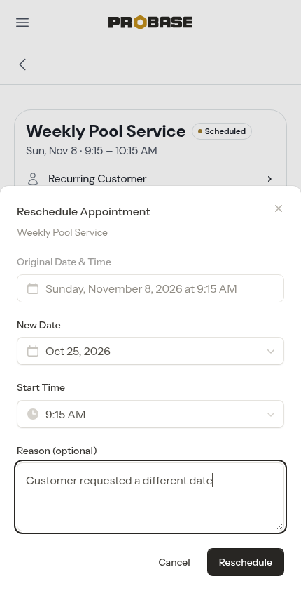 Reschedule Appointment window on a visit in the chain