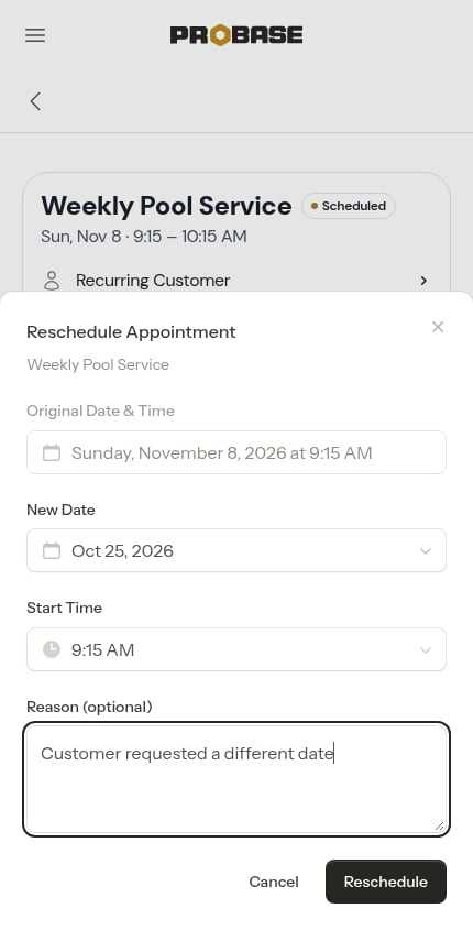 Reschedule Appointment window on a visit in the chain