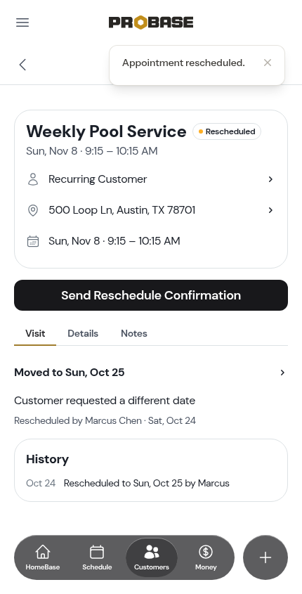 Confirmation after rescheduling a visit in the chain