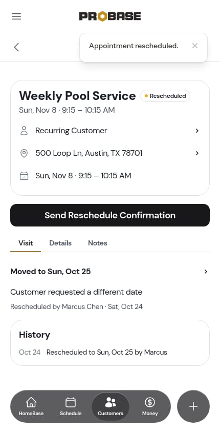 Confirmation after rescheduling a visit in the chain