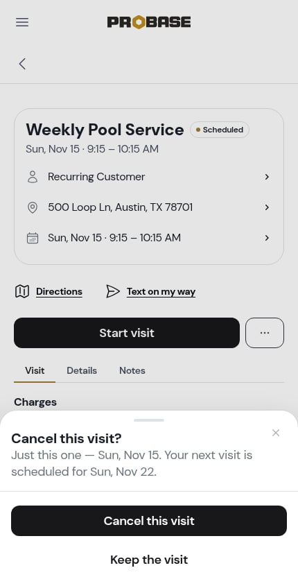 The Cancel this visit sheet on a visit in the chain