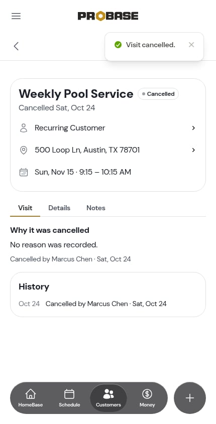 A cancelled visit showing why it was cancelled