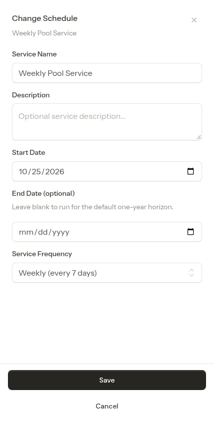 The Change Schedule window on a recurring service