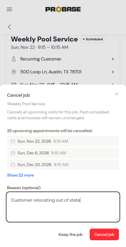 The Cancel job window opened from a visit in the chain