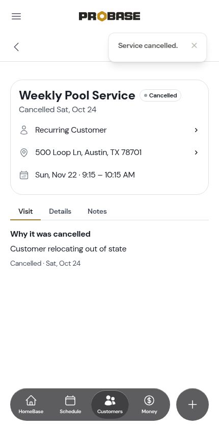 Confirmation after cancelling the whole service