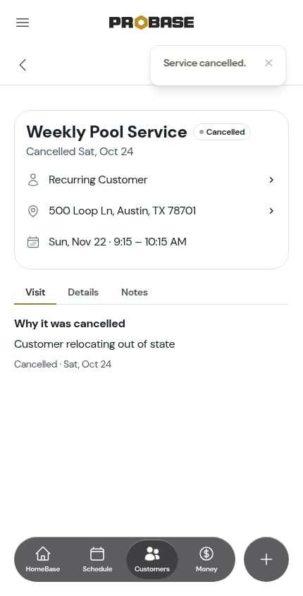 Confirmation after cancelling the whole service