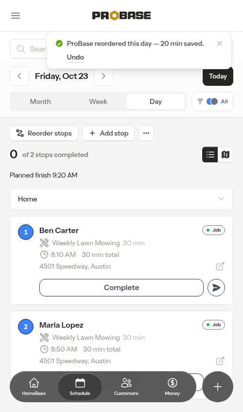 The auto-optimize receipt on the day view