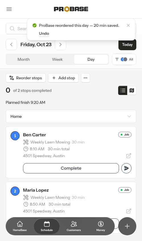 The auto-optimize receipt on the day view