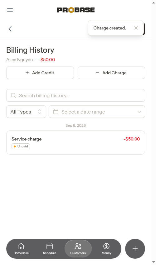 Charge created in billing history