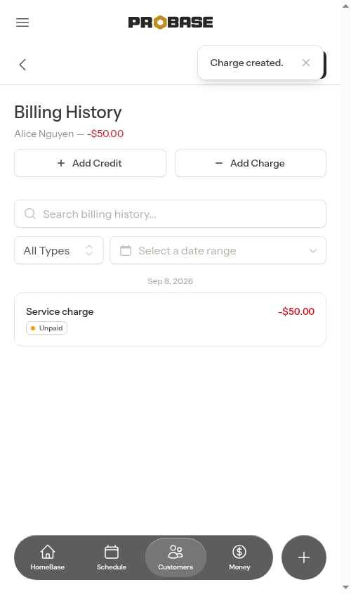 Charge created in billing history