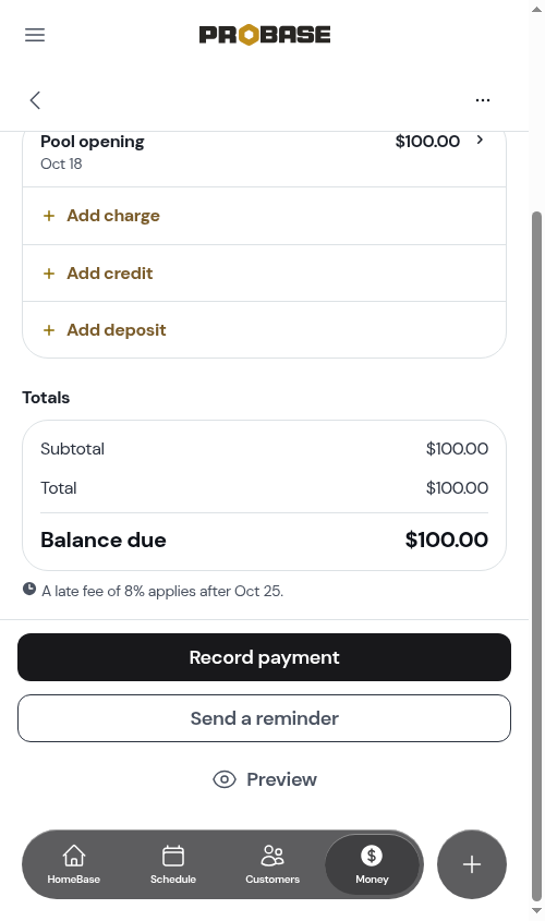 The late fee notice under the invoice totals