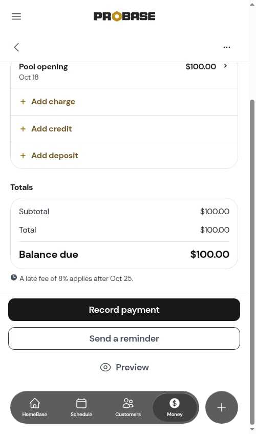 The late fee notice under the invoice totals