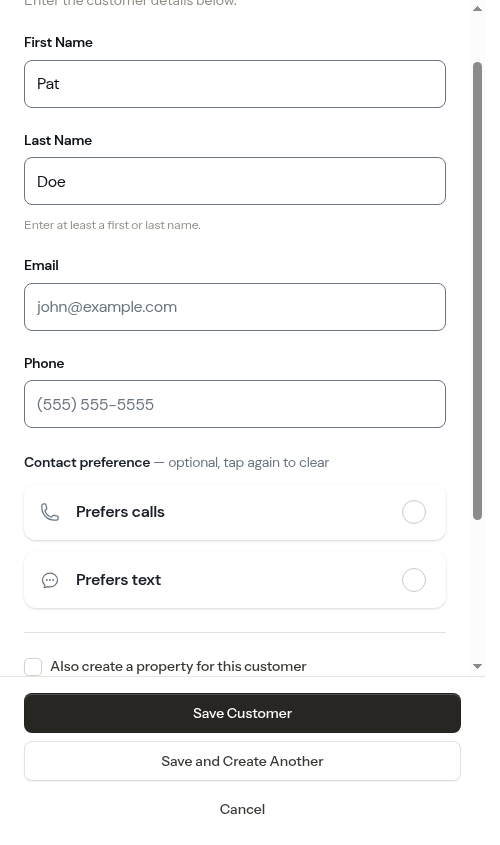 Customer saved with just a name and no phone number