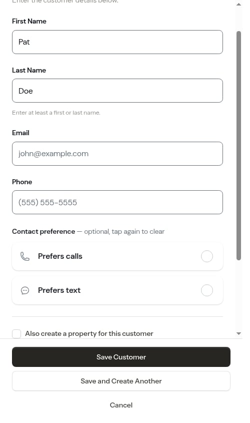 Customer saved with just a name and no phone number