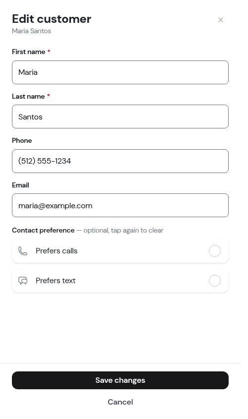 Edit modal from customer detail page