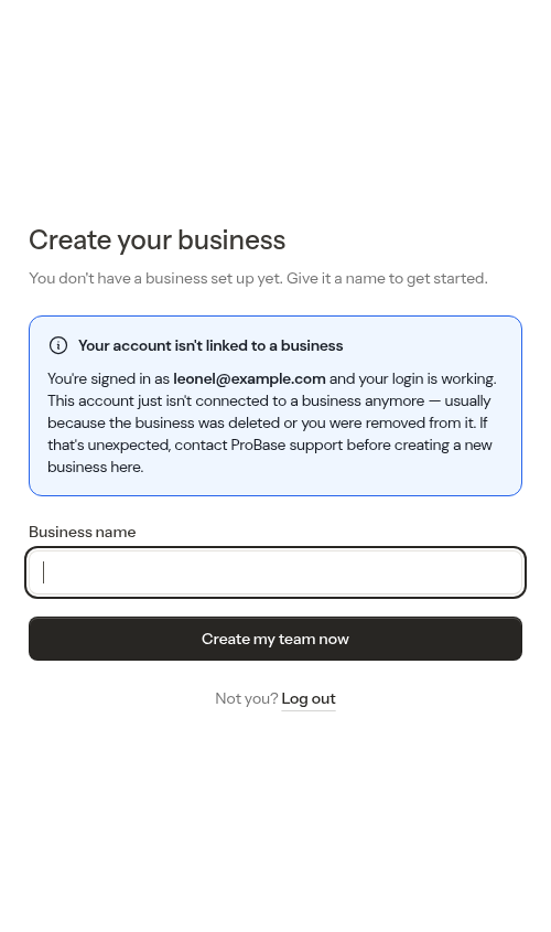The Create your business recovery screen explaining why an account has no business