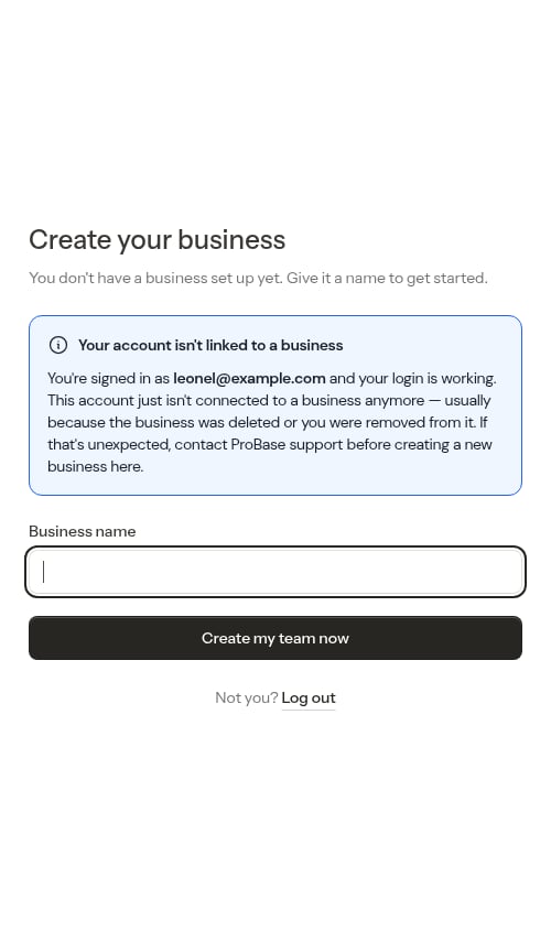 The Create your business recovery screen explaining why an account has no business