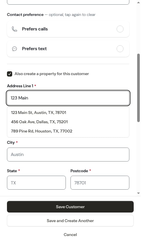 Address suggestions under the Address Line 1 field on the customer form
