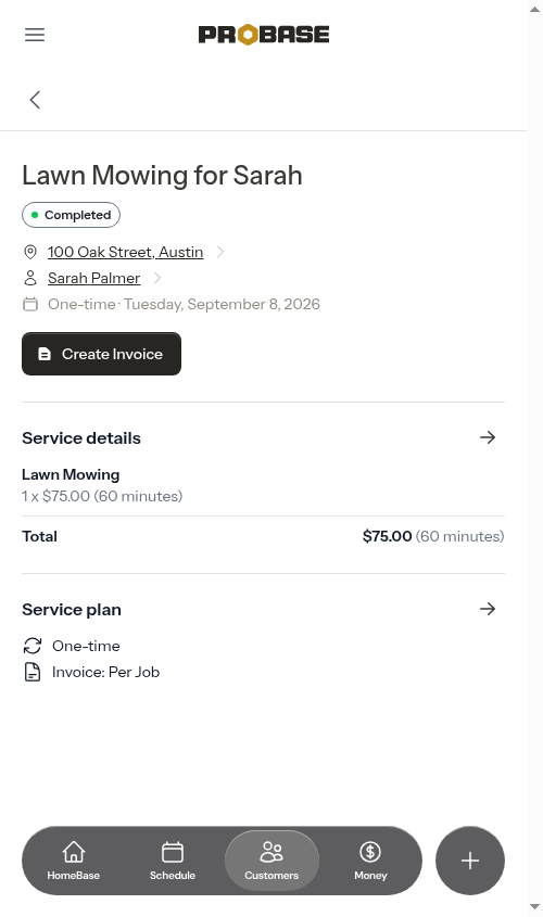 Completed appointment with Create Invoice button
