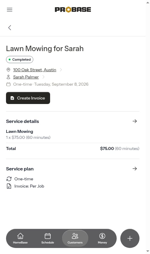 Completed appointment with Create Invoice button