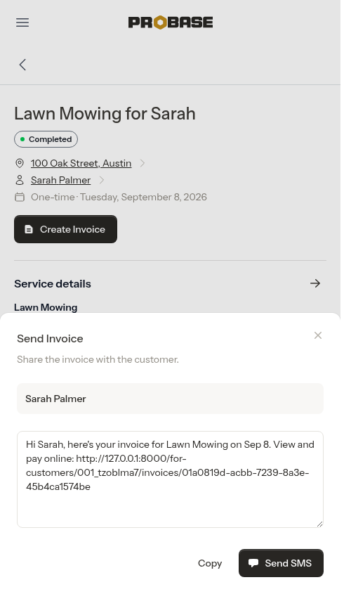 SMS compose modal with payment link