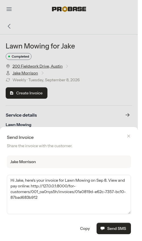 SMS compose step for sharing the payment link