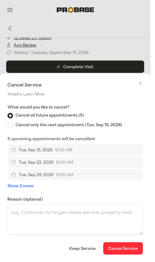 Cancel Service modal with the scope picker and collapsed appointment list