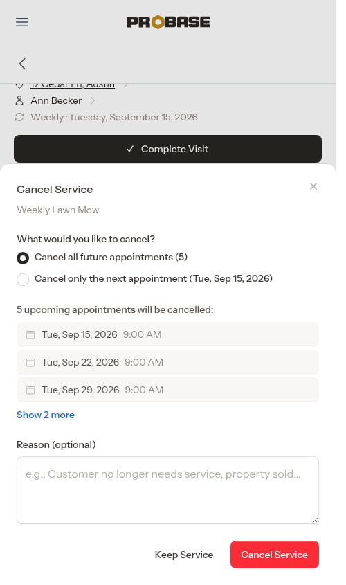 Cancel Service modal with the scope picker and collapsed appointment list