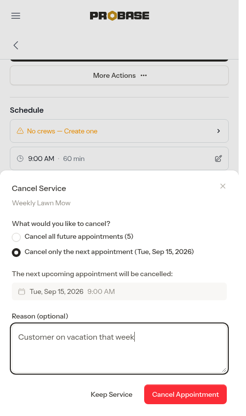 Cancel only the next appointment, with a reason