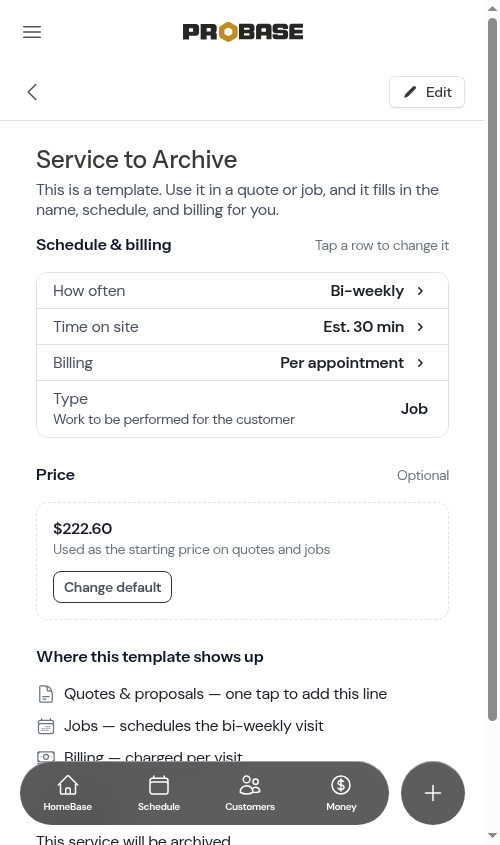 Service show page with the Edit button (no Archive button)