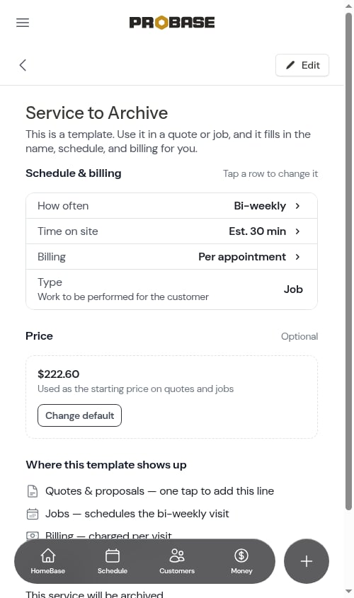 Service show page with the Edit button (no Archive button)