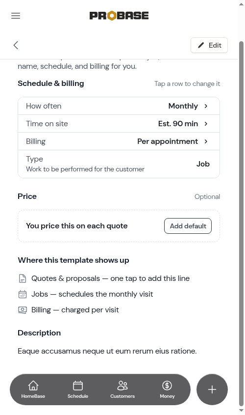 The Price section marked Optional on an unpriced service