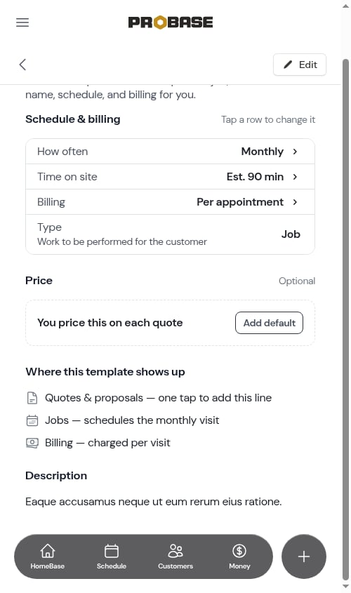 The Price section marked Optional on an unpriced service