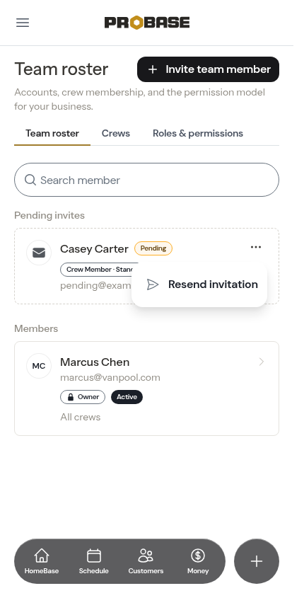 The resend option on a pending invite