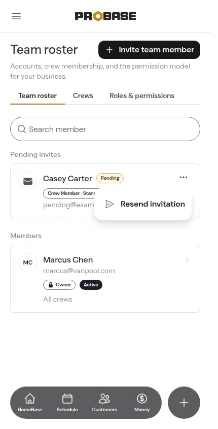 The resend option on a pending invite