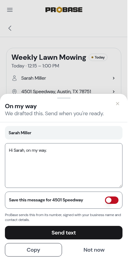 The On my way sheet with Send text
