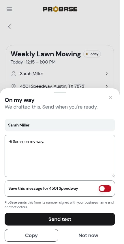 The On my way sheet with Send text